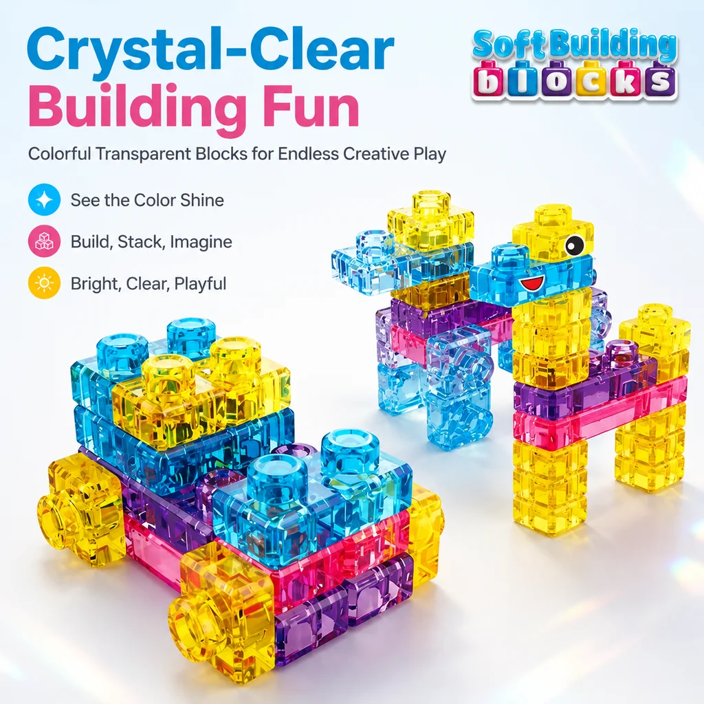 Soft Building Blocks 46pcs, Transparent Neon Effect, STEM Educational Toy for Kids