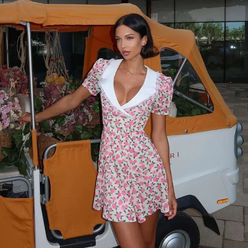 Robe à manches bouffantes pour femmes, imprimé floral, revers, Sexy, Slim, Mini robe française, élégante, contraste, robe de soirée, mode féminine