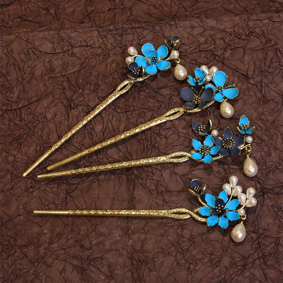 Antique Freshwater Pearl Burnt Blue Tassel Hairpin Retro Flower Hairpin Hanfu Ancient Costume Headpiece Hairpin Ornament