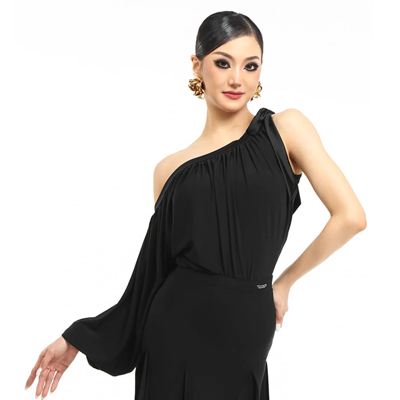 Standard Ballroom Dance Tops Women Waltz Performance Costume Tango Modern Dance Clothing Slanted Shoulder Bodysuit Black VDL2080