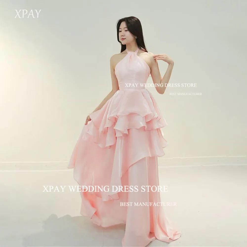 

XPAY Soft Pink Halter Tiered Evening Dresses Korea Wedding Photo shoot Silk Organza Zipper Back Formal Party Dress Customized