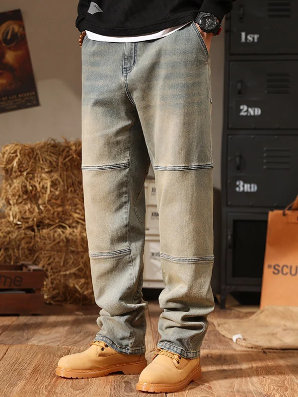 

Ретро-джинсы в американском стиле, потертые, свободного прямого кроя, для мужчин, больших размеров, зимние, молодежные, трендовые