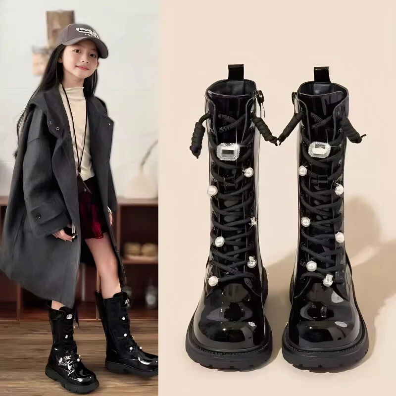 

Shiny Beaded Mid-calf Boots for Girls 2025 New Winter Kids Plush Lining Leather Boots Non-slip Princess Christmas Party Boots
