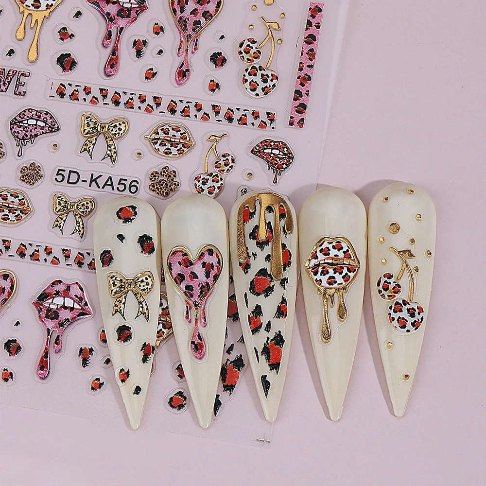 5D Día de San Valentín bronceado oro/plata leopardo labio pegatina de uñas Sexy leopardo arco/cereza calcomanía adhesivo leopardo punta deslizador de uñas