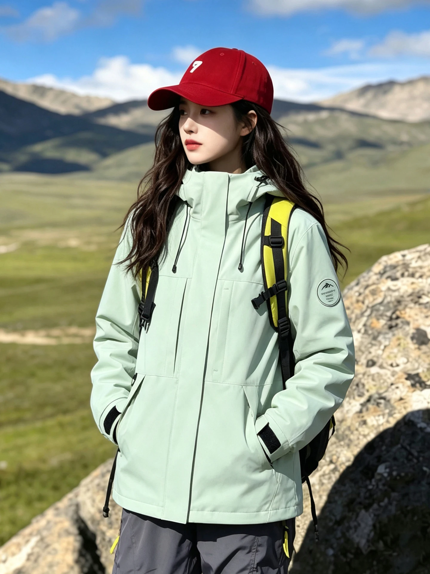 Loose Unisex Three-in-One Detachable Outdoor Hiking Jacket Green Windproof Breathable Water-Resistant Hooded Outerwear