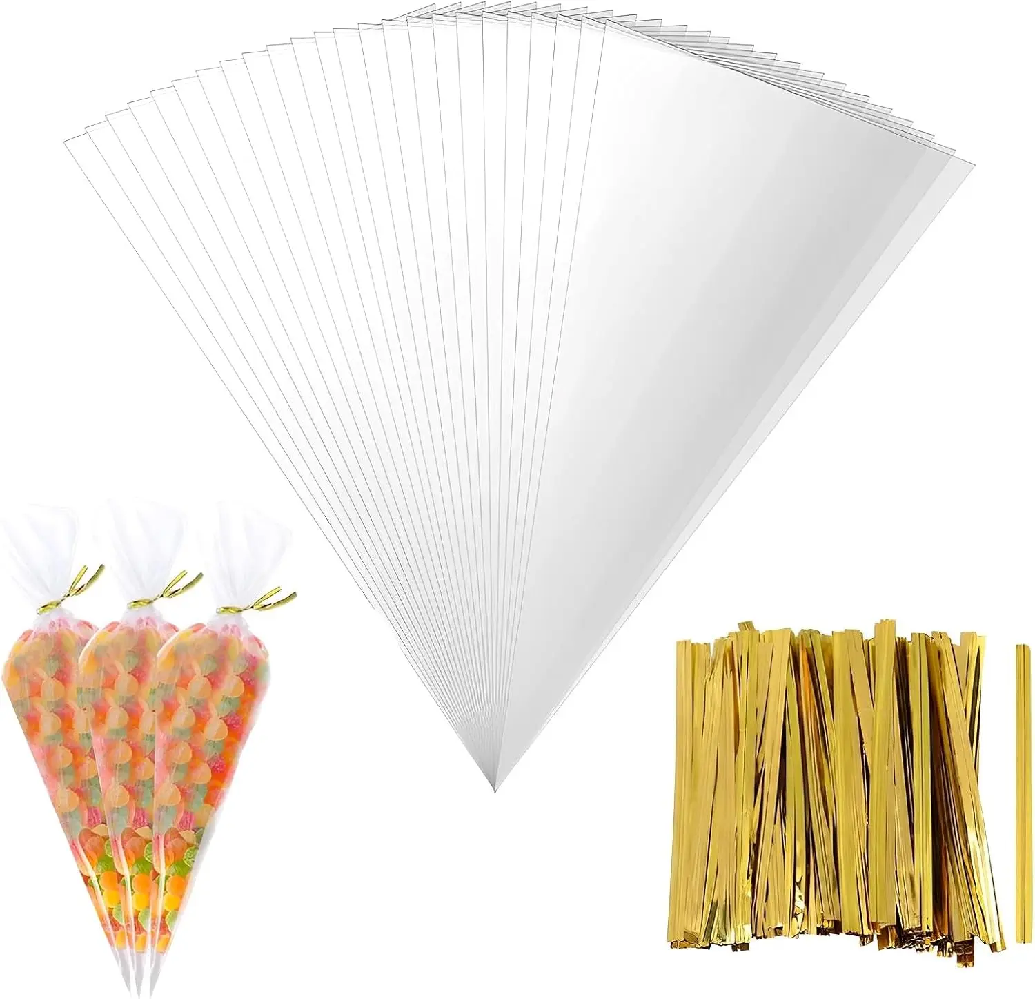 Sacs coniques en plastique transparent en forme de cône, 50 pièces, sacs de friandises avec attaches torsadées pour cadeaux de fête, emballage de cadeaux, rangement de décorations