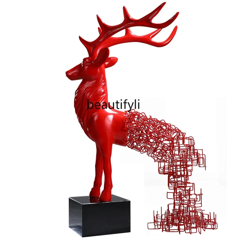 

Welcome floor-to-ceiling ornament, large-scale creative fiberglass sika deer sculpture, hotel lobby decoration