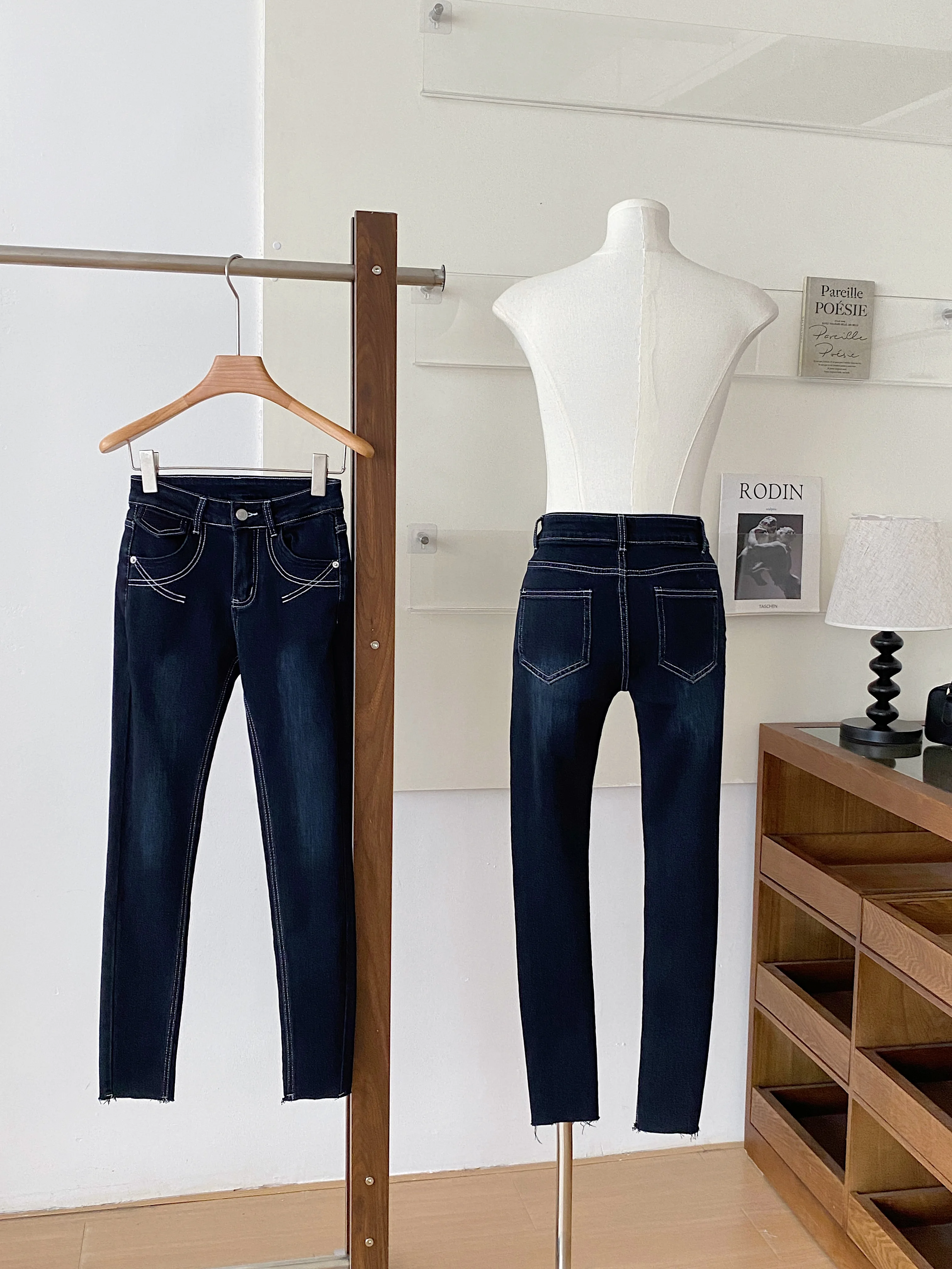 Women's Summer Autumn Hip-enhancing Side Padded Ankle Length Pencil Jeans Lady Sexy High Waist Bright Line Skinny Pencil Jeans