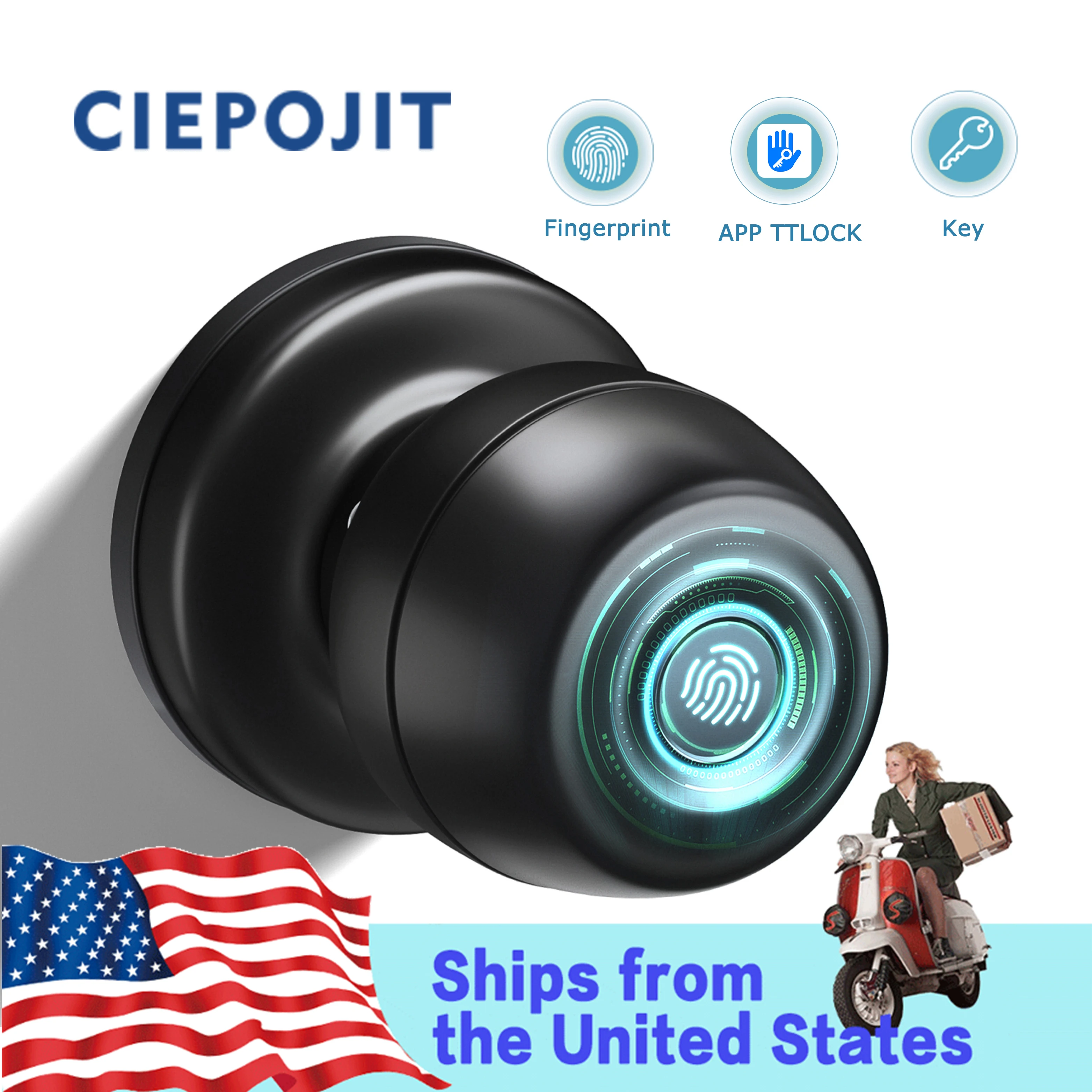 CIEPOJIT Smart Door Knob Fingerprint Door Lock With TTLOCK SMART APP Control (Battery Not Included)