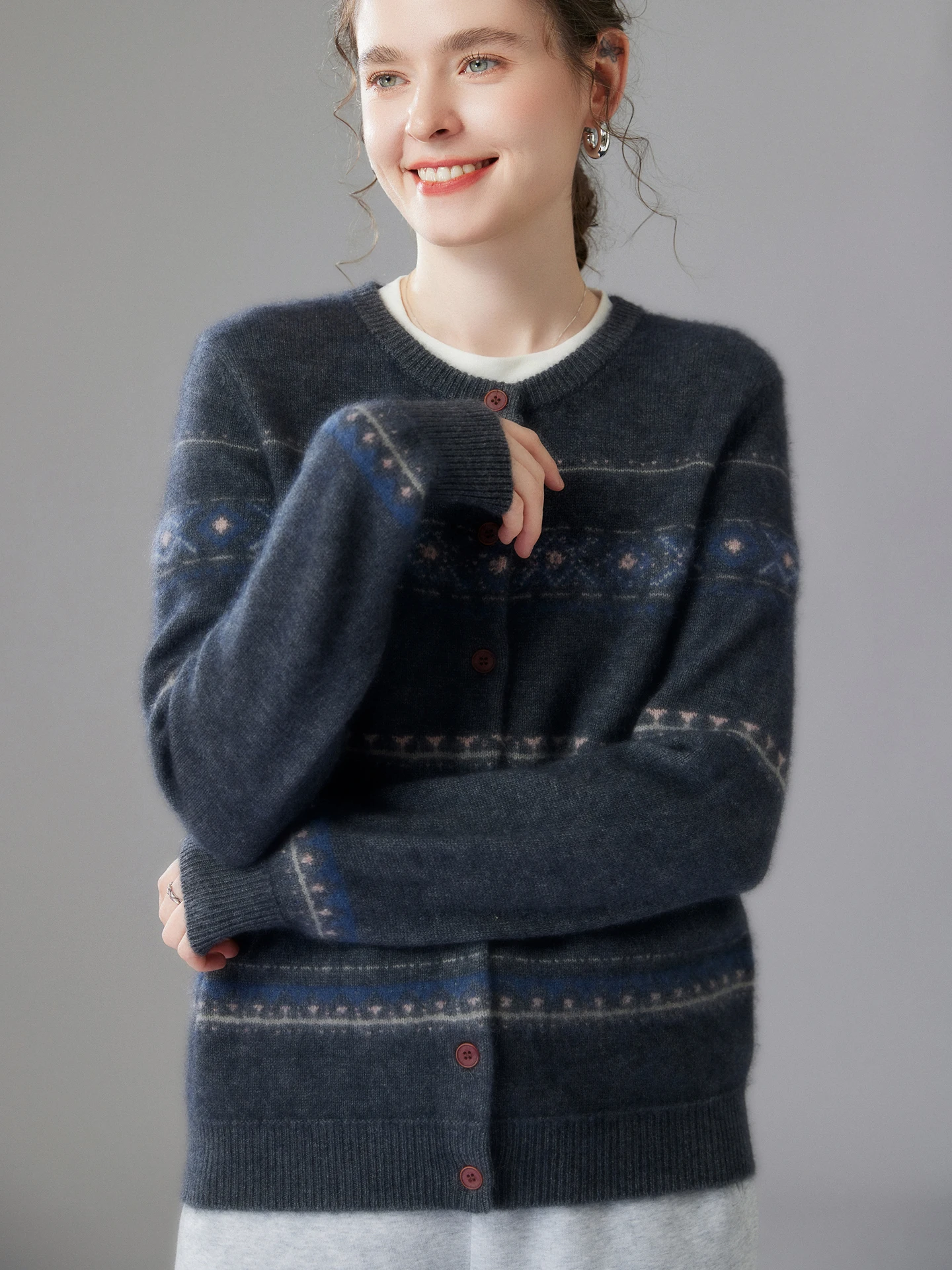 TLOML женский 100% кашемировый свитер, винтажный толстый жаккардовый кардиган с круглым вырезом, осень-зима, мягкий теплый кашемировый трикотаж, топы в стиле ретро