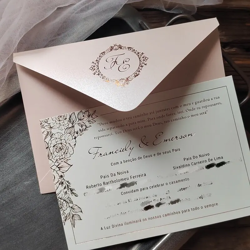 50pcs Rose Gold Shiny Invitation Cards with Rose Floral Frame and Pink Envelopes with Personalized Logo Design Invitation Cards