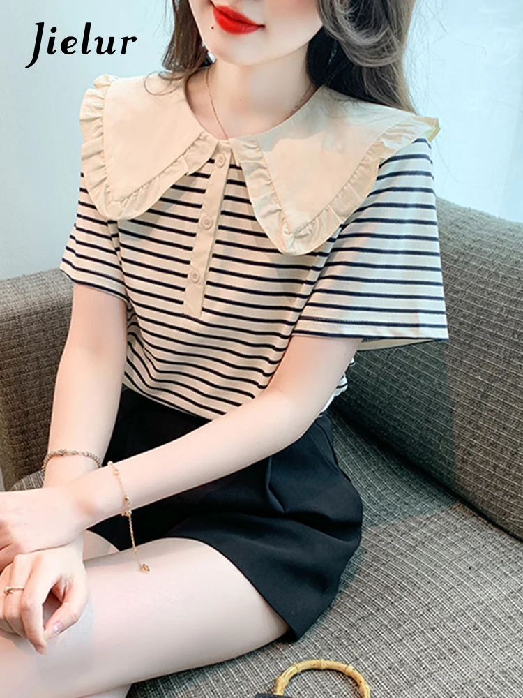 

Jielur Summer New Korean Fashion Women Blouse Side-striped Street Casual Loose Blouse Woman Chic Slim Ruffls Sweet Top Female