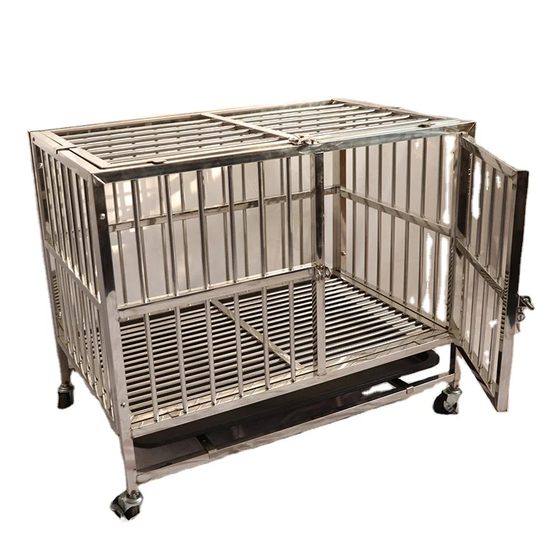 High quality Round tube stainless steel pet cage dog cage with wheels dog crate