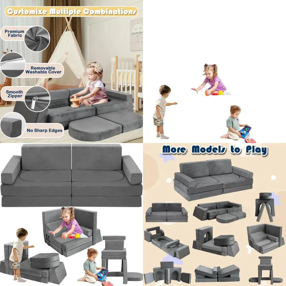 

Convertible Kids Play Couch with 10 Modular Pieces, Toddler Sofa, Floor Sofa for Playroom and Bedroom, Unisex (Dark Gray)