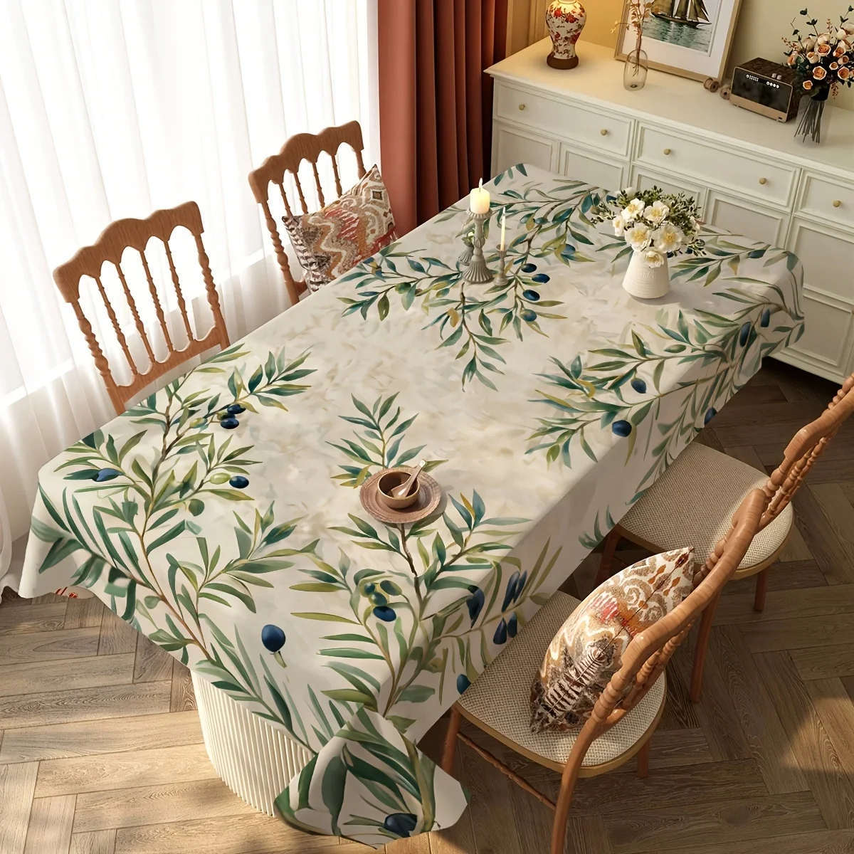 1pc Olive Branch Pattern Tablecloth, Retro Country Style, Green and Brown Color Scheme, Natural and Elegant