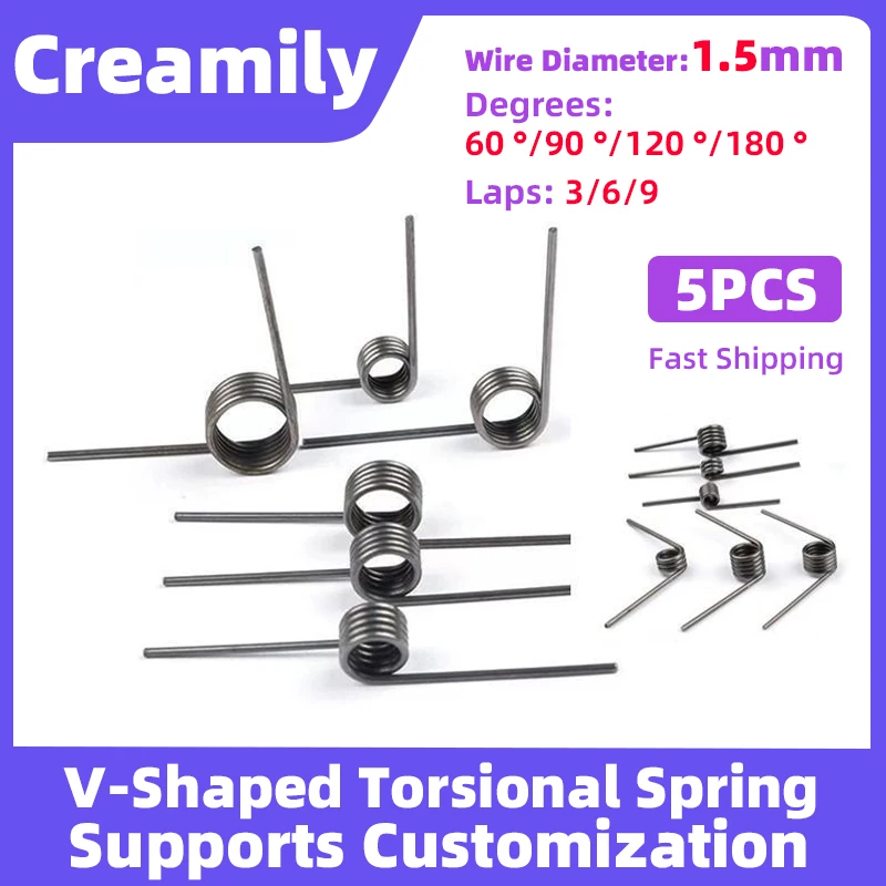 Creamily 5PCS 65Mn Steel Torsion Spring V-Shaped Helical Torsion Springs Clip Angle 60 90 120 180 Degrees Wire Diameter 1.5mm