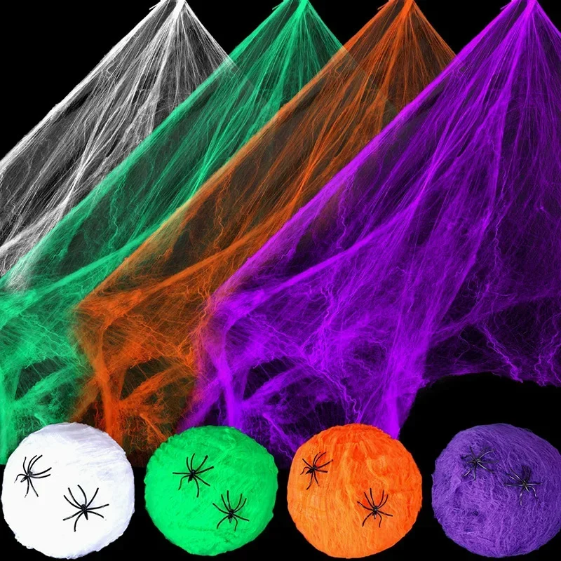 Künstliches Spinnennetz Halloween-Deko Buntes Baumwoll-Stretch-Spinnennetz mit Fake-Spinnen Gruselige Party-Dekoration Horrorhaus-Requisiten – Detail 4