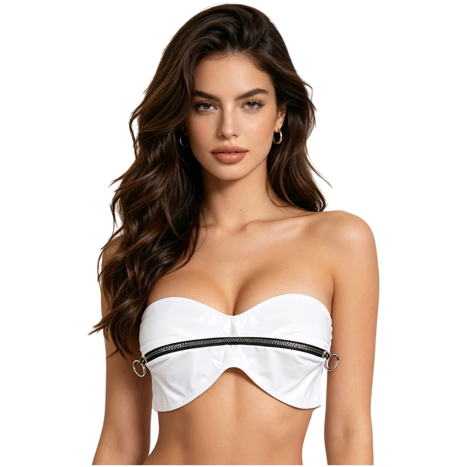 Women Glossy PU Leather Bustiers Bandeau Crop Top Strapless Zipper O-ring Tube Bra Bralette Corset for Nightclub Rave Party