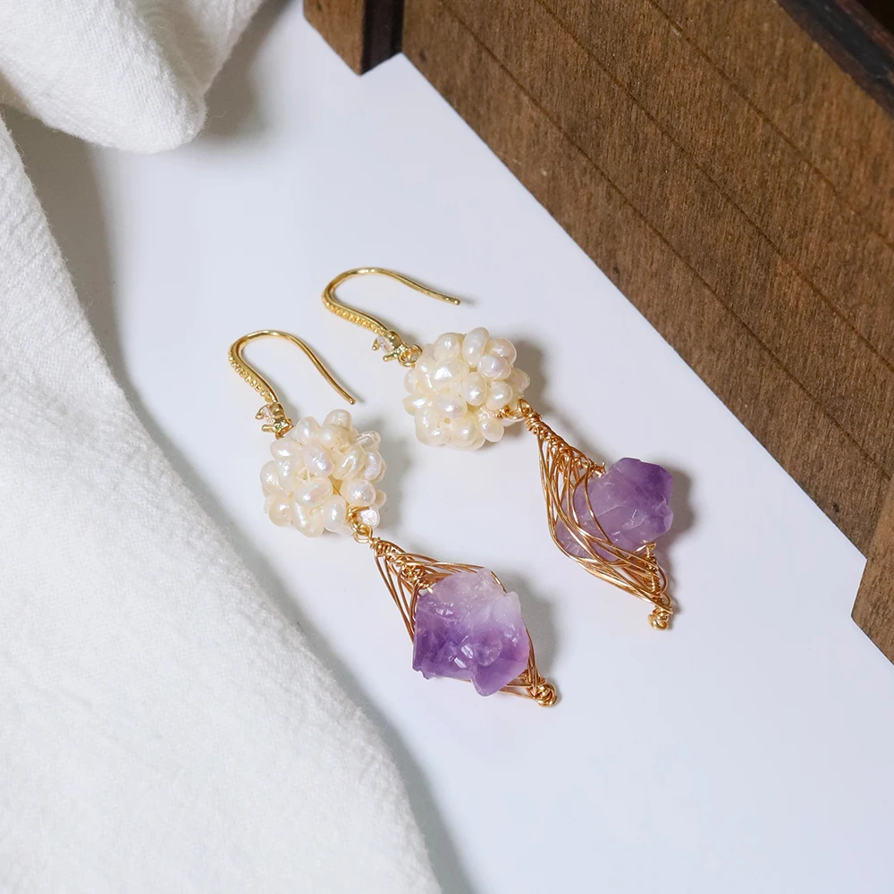 

Natural Freshwater Pearl Flower Ball Amethyst Earrings Korean Style Women Luxury Jewelry Fashion Ladies and Girls Gift GE1578