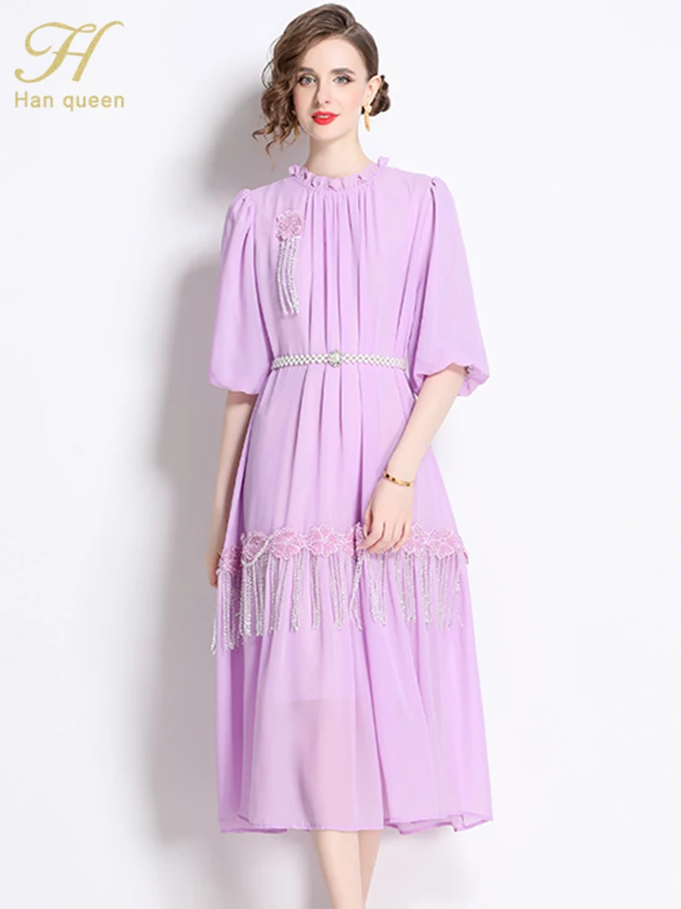 

H Han Queen 2025 Summer Chiffon Loose Casual Beach Beaded 3D Fower Loose Tassel Dress Ladies French Style Fashion Long Dresses