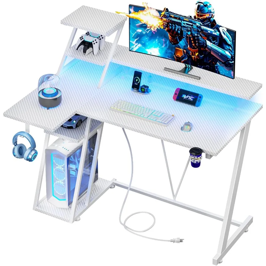 مكتب ألعاب أبيض مقاس 39 بوصة مع أضواء LED ومخرج طاقة مدمج ومكتب كمبيوتر على شكل حرف L مع أرفف تخزين وشاشة #1