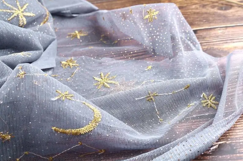 4 colors Gold Star Moon Embroidery Lace Fabric Gold Glitter dot Floral Tulle For Girl Dress, Top Blouse,  , Wedding Background