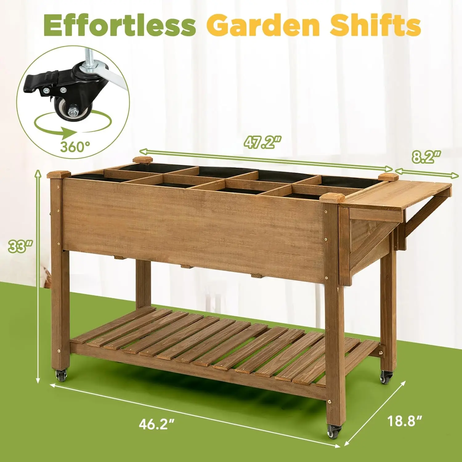 Outdoor Garden Bed with Wheels, Storage Shelf, Protective Liner, Table Ledge for Vegetable, Herb, and Flower Cultivation view 2