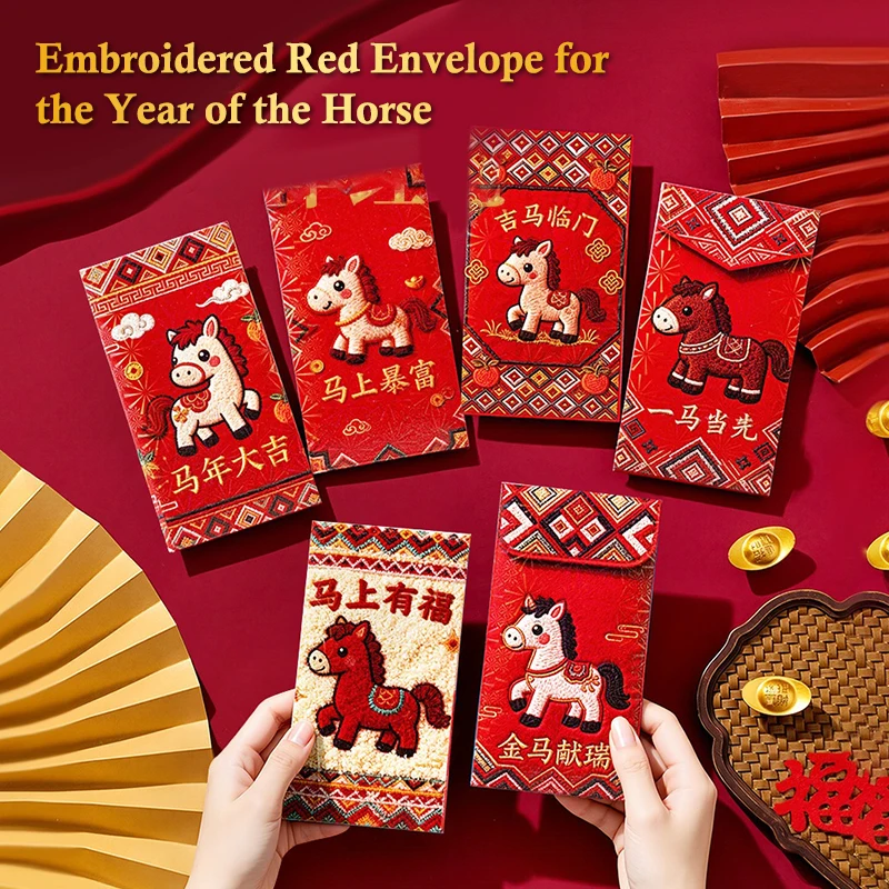 6 enveloppes rouges 2026 pour le Nouvel An chinois, pochettes traditionnelles Hongbao pour l'argent, décoration du Festival du Printemps de l'Année du Cheval