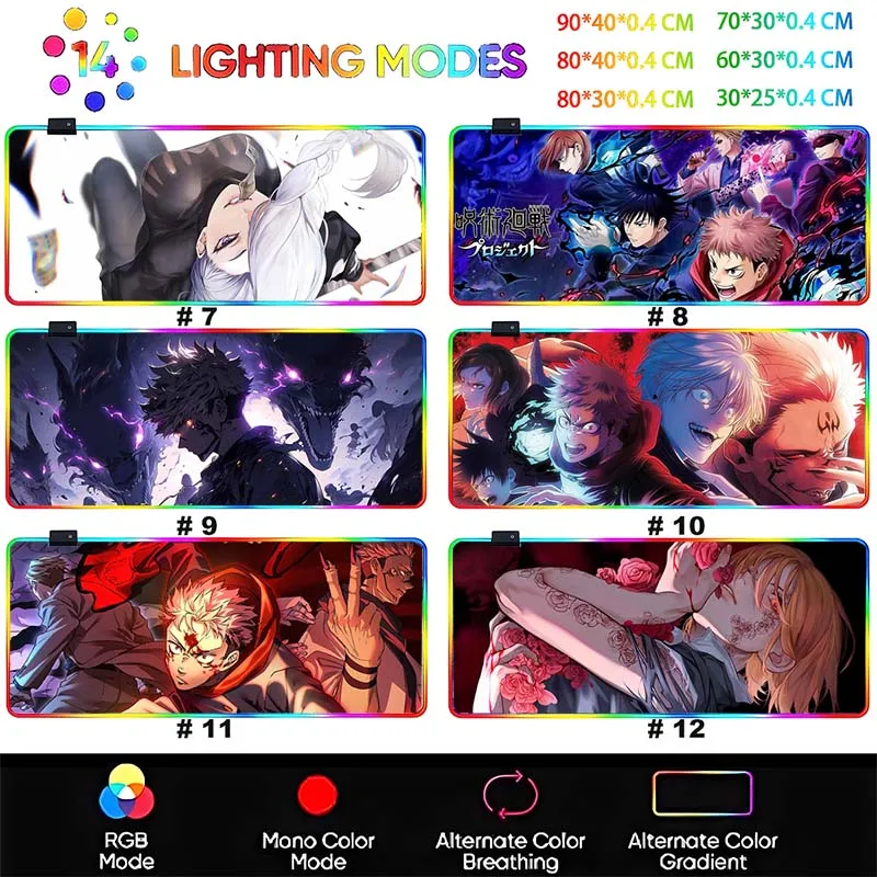 Anime Jujutsu Kaisen Large LED Mouse Mat Rubber Mousepad Gojo Satoru Yuji RGB Mouse Pad Gamer HD Print Table Mat Keyboard Pads