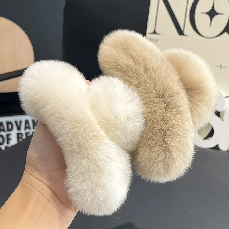 Winter Rabbit Plush Hair Claw Clips For Women Big Hairclips For Thick Hair Girls Furry Hair Clamp Large Green Fluffy Hairpin