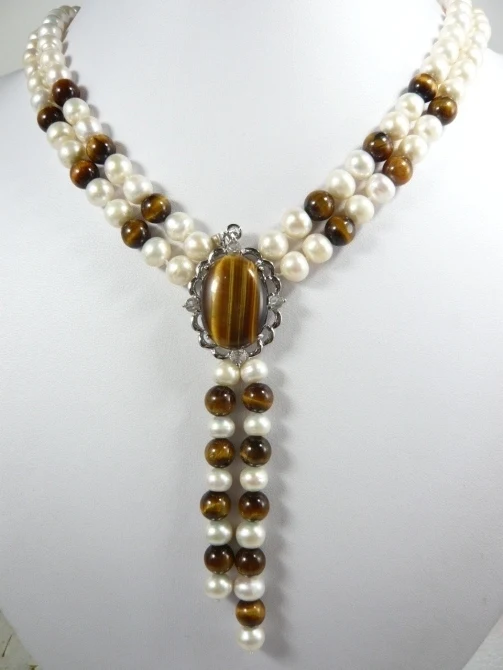 

new arrive noble design jewelry white pearl + tiger eye jade necklace