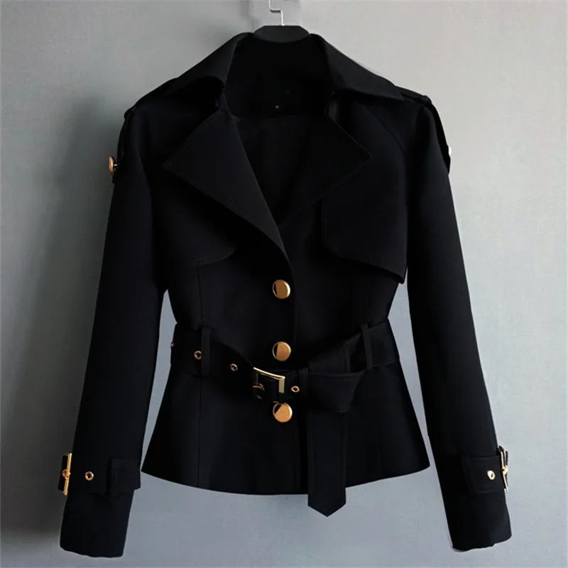 Spring Autumn Fashion Khaki Black Short Jacket Coat Women Classic Outerwear Korean Lapel Belt Long Sleeve Slim Jackets Female