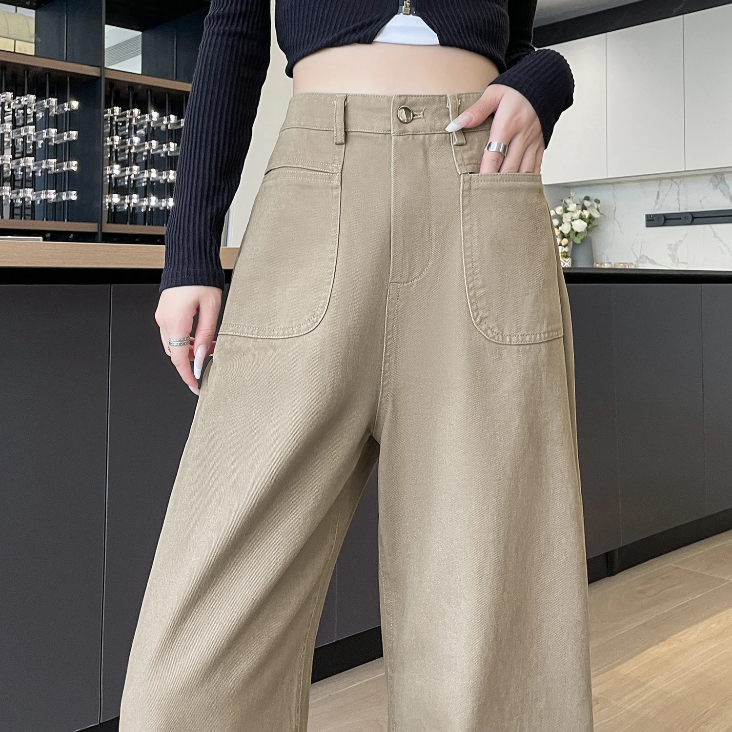 Hohe Taille, weites Bein, Hose für Damen, 2025, Herbst und Winter, gerade, lange Hose, lässige, feste Damenhose