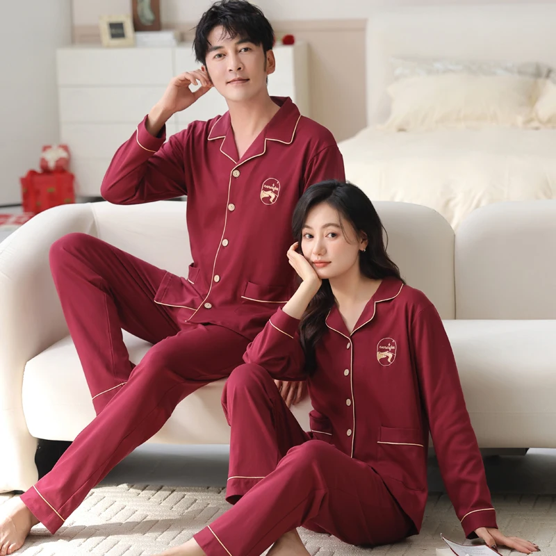 Big Size M-4XL Cotton Couples Long Sleeves Sleepwear Spring Autumn Cardigan Pajamas Set Women and Men Matching Loungewear Red