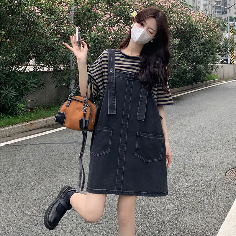 

2025 New Summer Women's Fashion Denim Suspenders Dress + Vintage Streetwear Casual T-Shirt Two-Piece Set Y2K Cotton Maxi Dresses