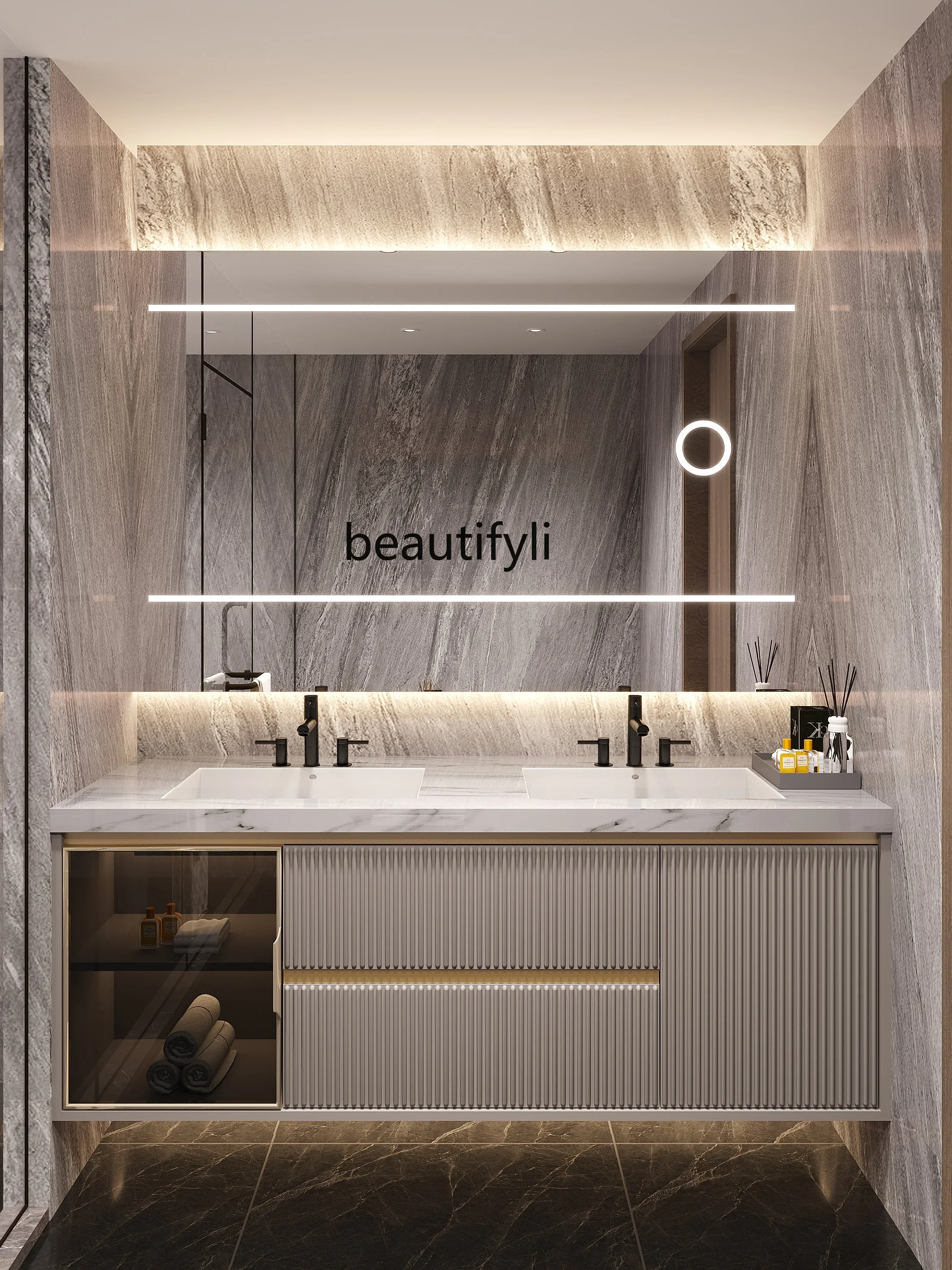 Stone Plate Seamless Ceramic Basin Oak Bathroom Cabinet Combination Modern Light Luxury Bathroom Face Washing Washstand