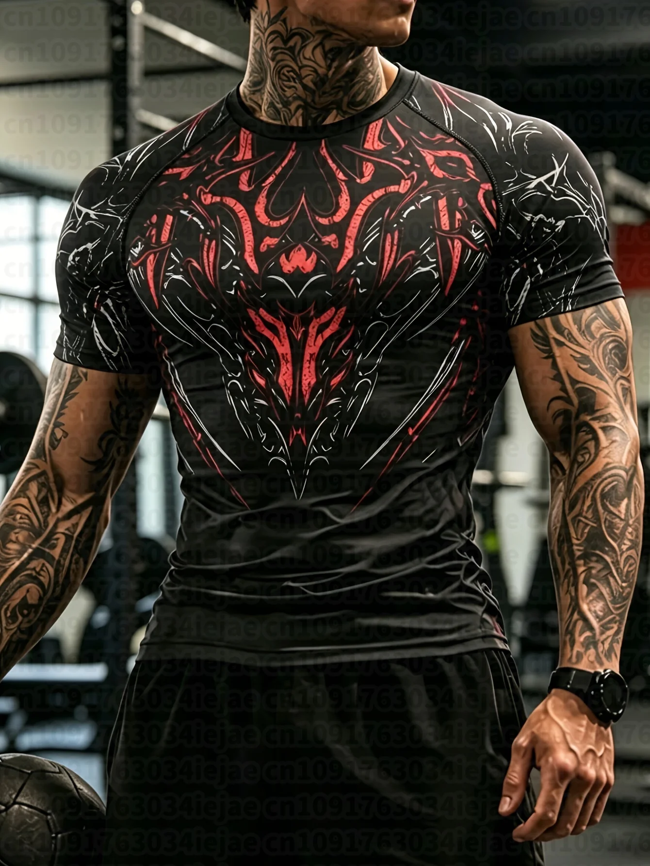 Herren Kid Black Totem/ Enganliegendes Fitness-Kurzarmshirt/ Elastisch Schnelltrocknend Atmungsaktiv/ Muskelfortonendes Lauf- und Trainings-T-Shirt – Detail 7