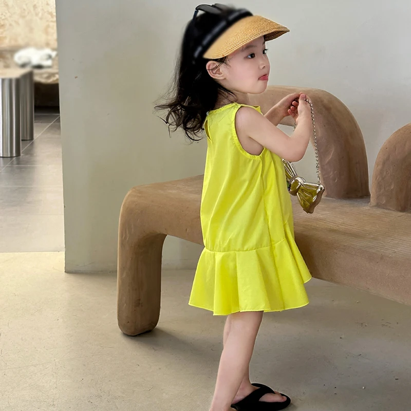 Summer Kids Dress For Girl 3-8y Solid Ruffles Decor Sweet Sleeveless Dress Child Cotton Breathable Classic Designed Casual Skirt