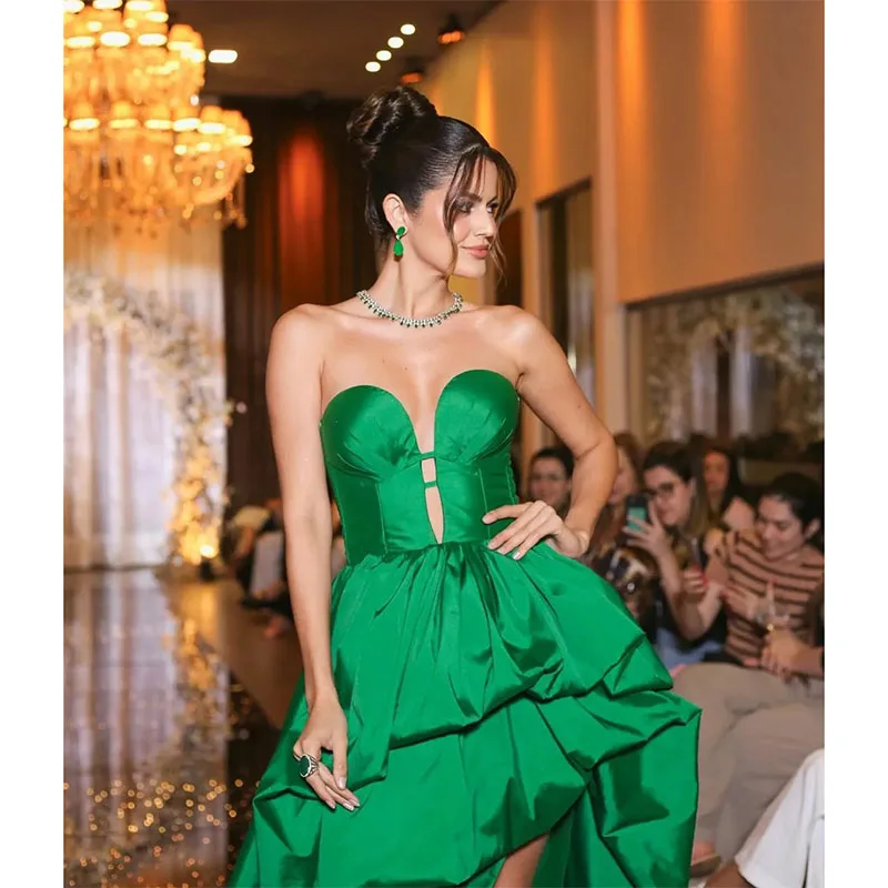 Vintage Green Taffeta Evening Dresses Strapless Ruffled Prom Dress Muslim Sweep Train Party Dresses for Women