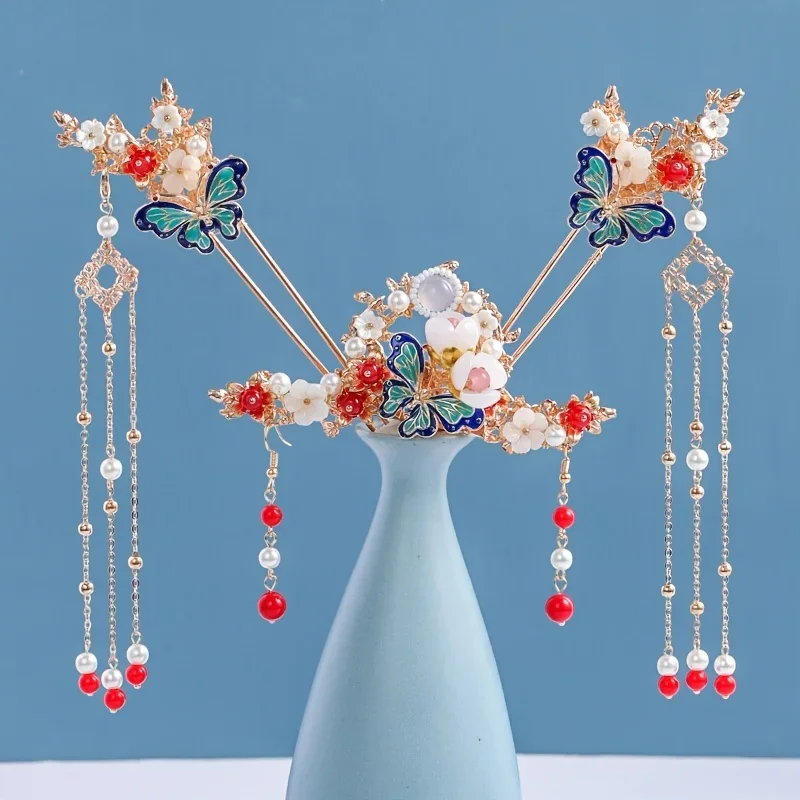 

Pearl Crystal Flower Hairpin Earring Set Chinese Style Hanfu Wedding Bridal Hair Accessories Jewelry Pin Band Set