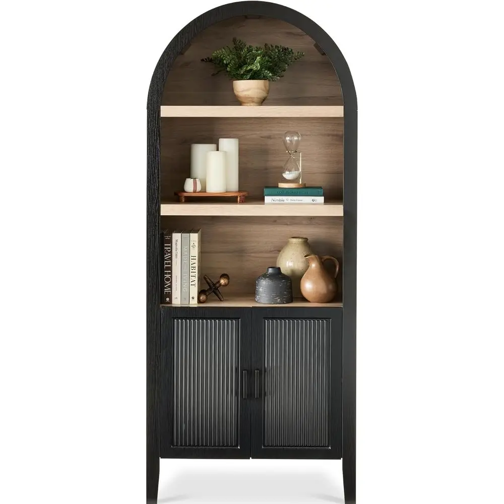72 Arched Pantry Cabinet with Reeded Door, 5-Tier Bookshelf, Armoire, Hutch, Bookcase, Adjustable Shelves Storage Cabinet for Di