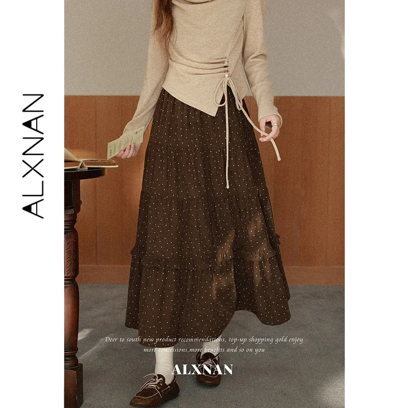 ALXNAN White Polka Dots Women's Coffee Brown Skirt High Waist Multi Layer Ruffled Skirts Holiday Beach Female Clothing L67608