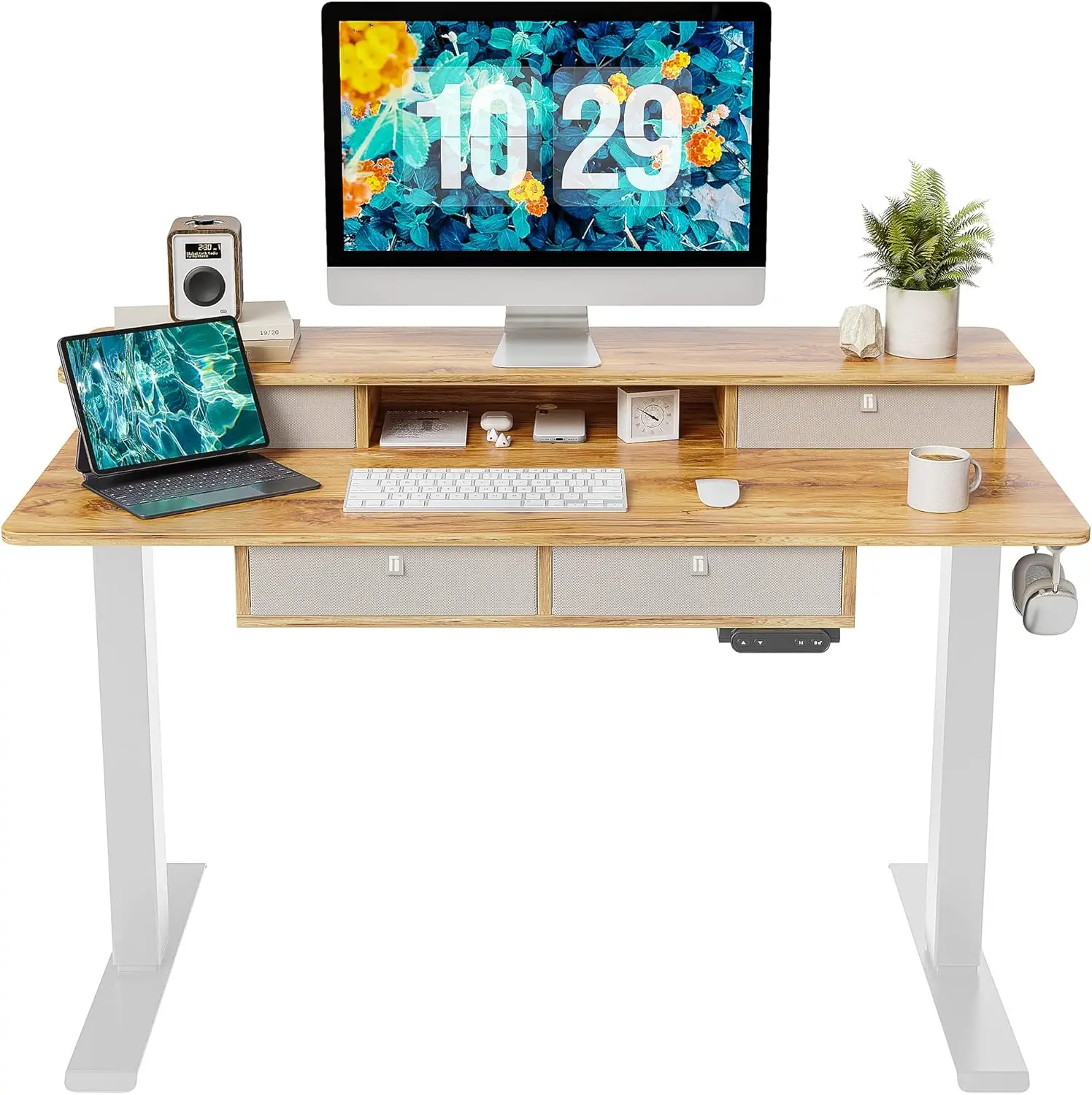 Sturdy Height Adjustable Electric Standing Desk with Drawers, 48 x 24 Inch Stand Up Table with Large Storage Shelf