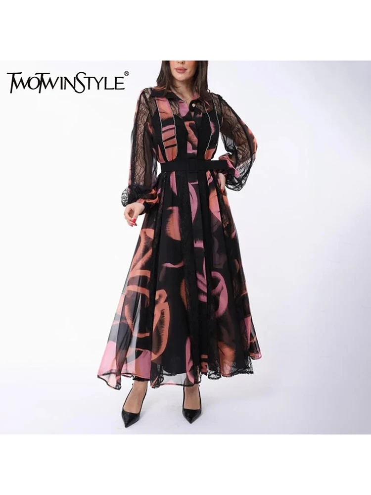 

TWOTWINSTYLE Hit Color Patchwork Sashes Printting Casual Dress For Women Lapel Long Sleeve Spliced Button Midi Dress Female New