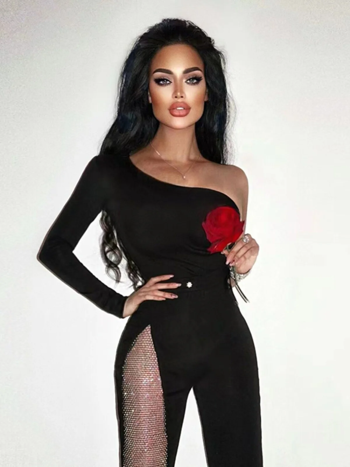 Nowy, modny kombinezon na jedno ramię z długim rękawem, zdobiony cyrkoniami, idealny do sesji zdjęciowych, seksowny, z wycięciami, z wysokim stanem...