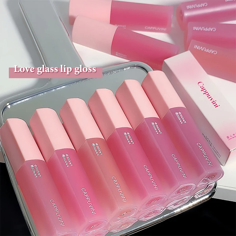 1Pc Cappuvini Liebe Herz Lip Glasur Spiegel Wasser Licht Glas Lip Gloss Feuchtigkeitsspendende Nette Flüssigkeit Lippenstift Lip Make-Up Kosmetik