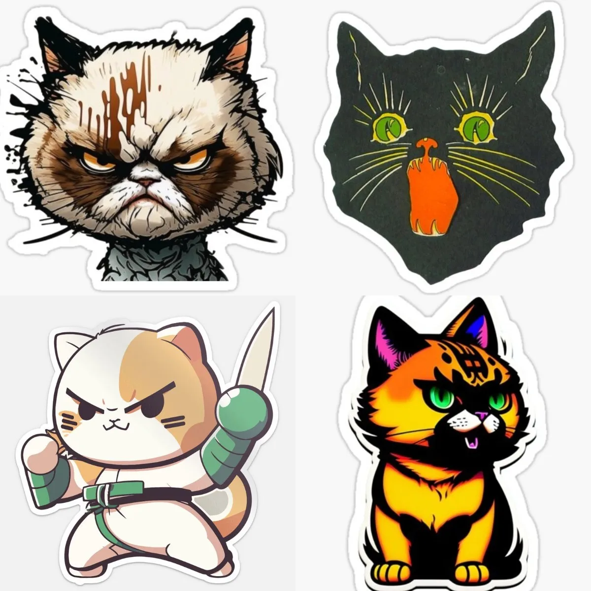 Chibi Angry Cat Fighter Car Stickers Vinyl Car Decals Occlusion Scratch Bumper Windows Motorcycle Helmet Snowboard Decoration