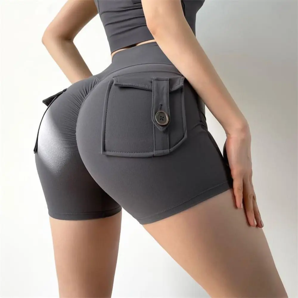 High Waist Pocket Gym Shorts Breathable Scrunch Yoga Shorts for Women with Pocket Buttocks Push Up Peach Shorts Female