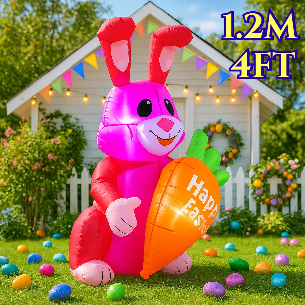 1.2M/4FT Happy Easter Inflatable Toys Pink Bunny Decor Built-in LED Lights Model Outdoor Yard Garden Party Props Ornaments