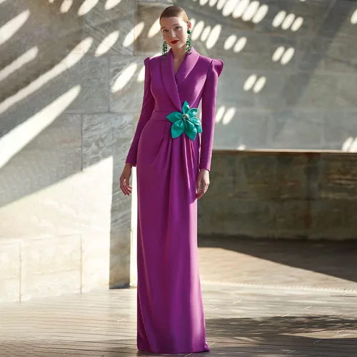 Vestido de noche Formal fucsia para mujer, manga larga, cuello en V, cinturón, sirena, flores, elegante, fiesta de boda, 2024